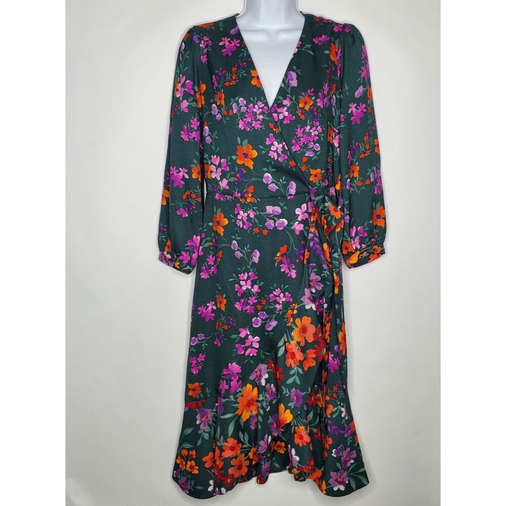 Calvin Klein Womens Floral Wrap Dress Size 4 Long Sleeve Ruffle Hem Green Midi